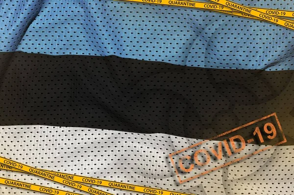 Bandiera Estonia Simbolo Rischio Biologico Covid Con Nastro Arancione Quarantena — Foto Stock
