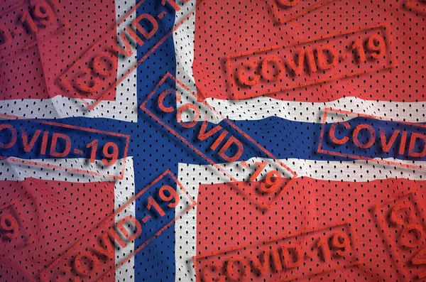 Norway Flag Many Red Covid Stamps Coronavirus Pandemic 2019 Ncov — Stock Photo, Image