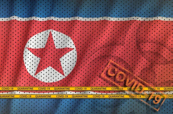 Drapeau Corée Nord Timbre Orange Covid Avec Bande Frontalière Coronavirus — Photo