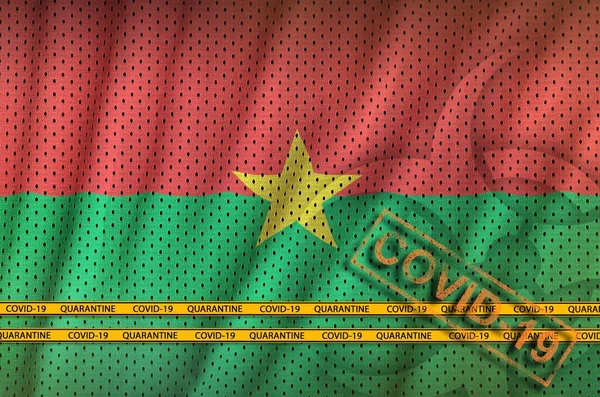 Burkina Faso flag and orange Covid-19 stamp with border tape. Coronavirus or pandemic 2019-nCov virus concept
