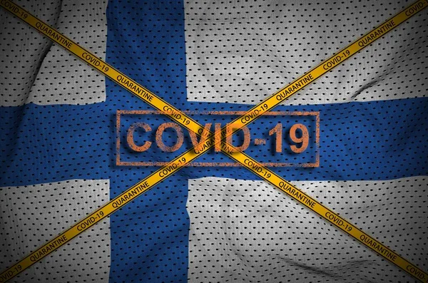 Finland Flag Covid Stamp Orange Quarantine Border Tape Cross Coronavirus — Stock Photo, Image