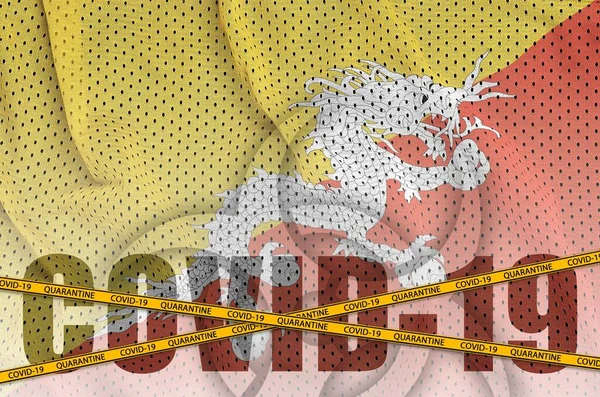 Bandera Bután Inscripción Covid Con Cinta Borde Cuarentena Naranja Concepto — Foto de Stock