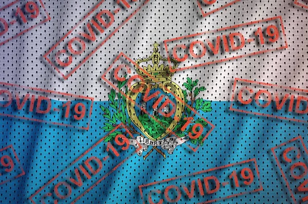 Bandera San Marino Muchos Sellos Covid Rojos Concepto Coronavirus Pandemia —  Fotos de Stock
