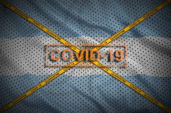 Argentinien Flagge Und Covid Marke Mit Orangefarbenem Quarantäne Grenzstreifen Coronavirus — Stockfoto