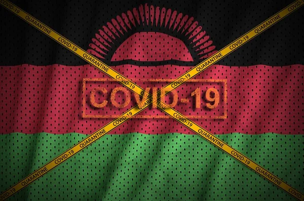 Malawi Flag Covid Stamp Orange Quarantine Border Tape Cross Coronavirus — Stock Photo, Image