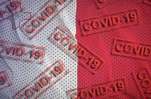 Malta Flag Many Red Covid Stamps Coronavirus Pandemic 2019 Ncov — Stock Photo, Image