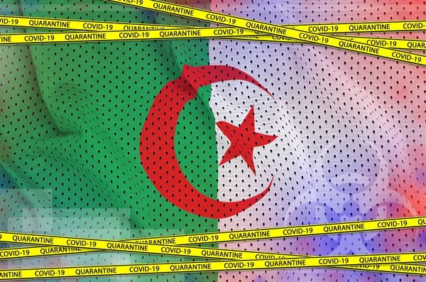 Bandiera Algeria Nastro Giallo Quarantena Covid Concetto Virus Coronavirus Pandemia — Foto Stock