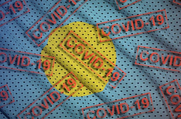Palau Flag Many Red Covid Stamps Coronavirus Pandemic 2019 Ncov — Stock Photo, Image