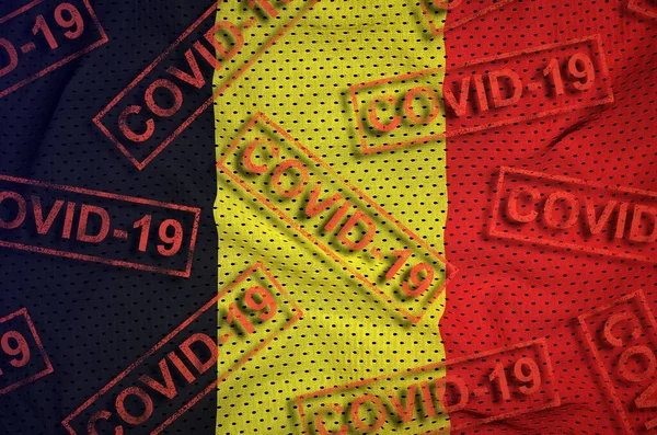 Belgien Flagga Och Många Röda Covid Stämplar Coronavirus Eller Pandemi — Stockfoto