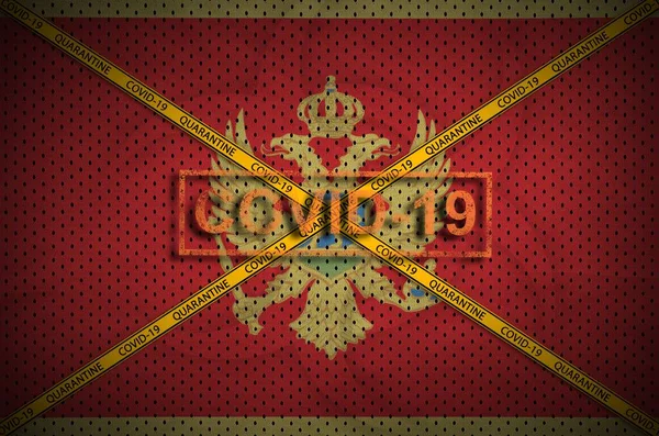 Montenegro Flag Covid Stamp Orange Quarantine Border Tape Cross Coronavirus — Stock Photo, Image