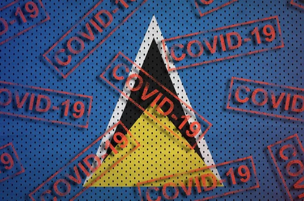 Saint Lucia Flag Many Red Covid Stamps Coronavirus Pandemic 2019 — Stock Photo, Image