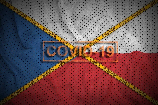 Czech Republic Flag Covid Stamp Orange Quarantine Border Tape Cross — Stock Photo, Image