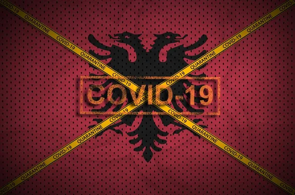 阿尔巴尼亚国旗和Covid 19邮票 上面有橙色检疫带横线 Coronavirus Pandemic 2019 Ncov Virus Concept — 图库照片