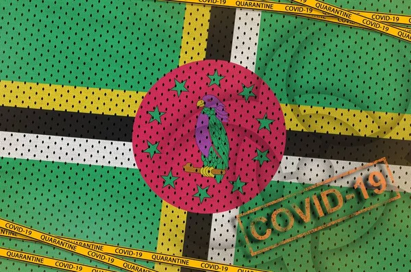Dominica Vlag Covid Biohazard Symbool Met Quarantaine Oranje Tape Stempel — Stockfoto