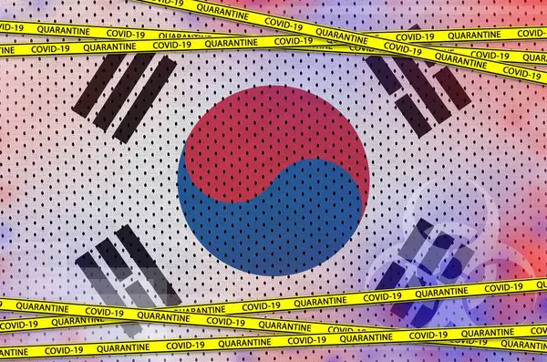 South Korea Flag Covid Quarantine Yellow Tape Coronavirus Pandemic 2019 — Stock Photo, Image