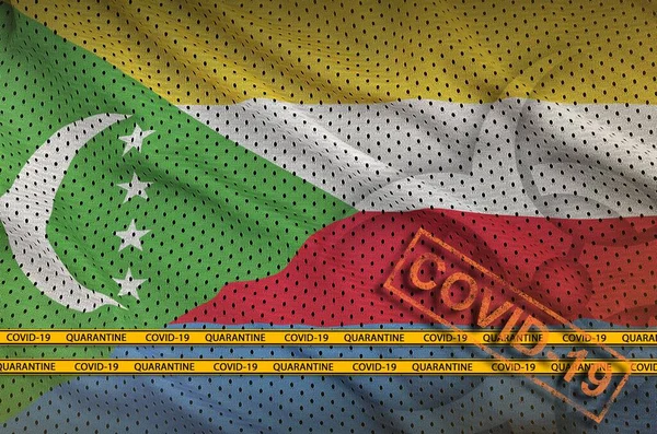 Comoros Flag Orange Covid Stamp Border Tape Coronavirus Pandemic 2019 — Stock Photo, Image