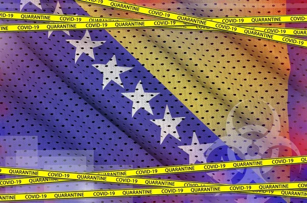 ボスニア ヘルツェゴビナの国旗とCovid 19検疫黄色のテープ コロナウイルスまたはパンデミック2019 Nconvウイルスの概念 — ストック写真