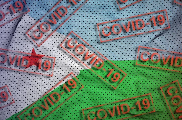 Djibouti Flag Many Red Covid Stamps Coronavirus Pandemic 2019 Ncov — Stock Photo, Image
