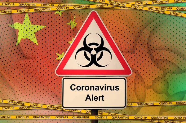 China Flag Covid Biohazard Symbol Quarantine Orange Tape Coronavirus Pandemic — Stock Photo, Image