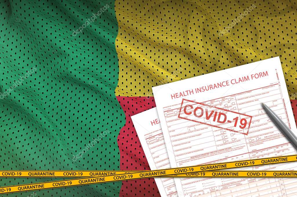 Benin flag and Health insurance claim form with covid-19 stamp. Coronavirus or pandemic 2019-nCov virus concept