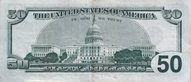 Amerikan Kongre Binası 'nın arka tarafında 50 dolarlık banknot var. Kapanış makrosu. Amerika Birleşik Devletleri. 50 dolar.