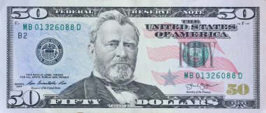 ABD Başkanı Ulysses Simpson Grant 'in portresi 50 dolarlık banknot yakın çekim makro parçası üzerinde. Amerika Birleşik Devletleri. 50 dolar.