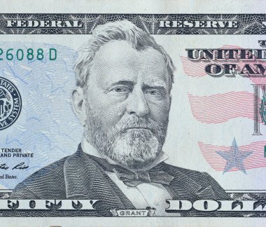 ABD Başkanı Ulysses Simpson Grant 'in portresi 50 dolarlık banknot yakın çekim makro parçası üzerinde. Amerika Birleşik Devletleri. 50 dolar.