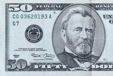 ABD Başkanı Ulysses Simpson Grant 'in portresi 50 dolarlık banknot yakın çekim makro parçası üzerinde. Amerika Birleşik Devletleri. 50 dolar.