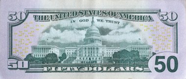 Amerikan Kongre Binası 'nın arka tarafında 50 dolarlık banknot var. Kapanış makrosu. Amerika Birleşik Devletleri. 50 dolar.