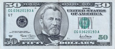 ABD Başkanı Ulysses Simpson Grant 'in portresi 50 dolarlık banknot yakın çekim makro parçası üzerinde. Amerika Birleşik Devletleri. 50 dolar.