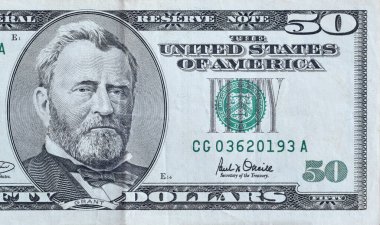 ABD Başkanı Ulysses Simpson Grant 'in portresi 50 dolarlık banknot yakın çekim makro parçası üzerinde. Amerika Birleşik Devletleri. 50 dolar.