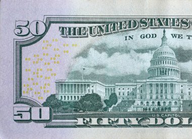 Amerikan Kongre Binası 'nın arka tarafında 50 dolarlık banknot var. Kapanış makrosu. Amerika Birleşik Devletleri. 50 dolar.
