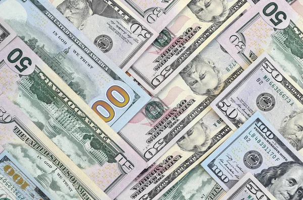 Wiele Sto Pięćdziesiąt Dolarów Banknotów Płaskiej Powierzchni Tła Blisko Płaski — Zdjęcie stockowe