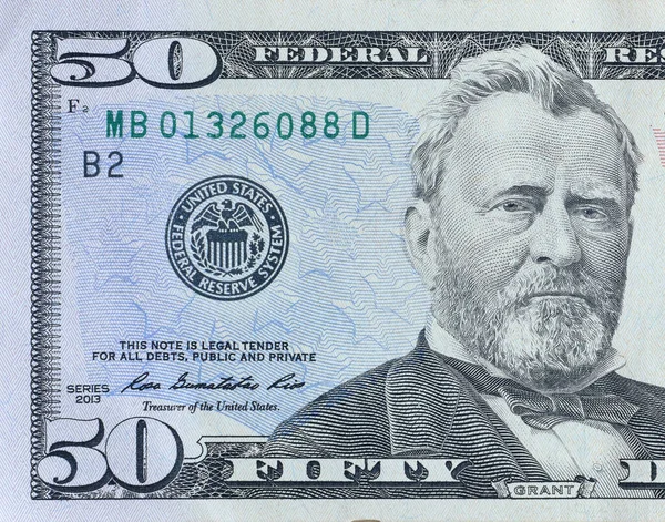 米国大統領ユリシーズ シンプソン グラントの肖像50ドル紙幣閉鎖マクロフラグメント アメリカ合衆国50ドル紙幣を閉鎖 — ストック写真
