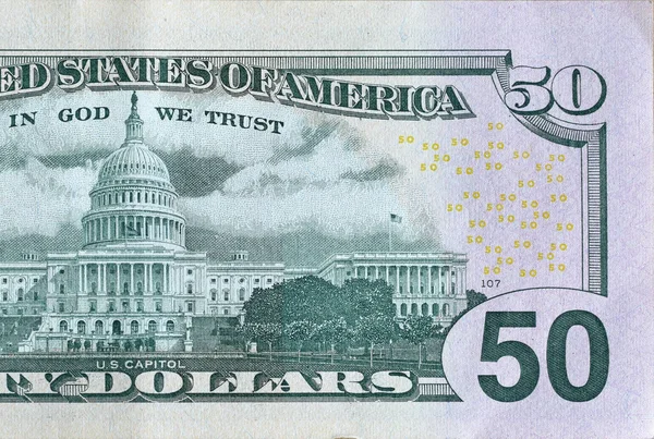 Kapitol Auf Dollar Banknote Rückseite Nahaufnahme Makrofragment Vereinigte Staaten Fünfzig — Stockfoto