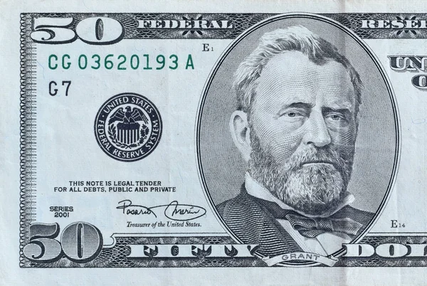 Portrait President Ulysses Simpson Grant Dollars Banknote Closeup Macro Fragment — Stock Photo, Image