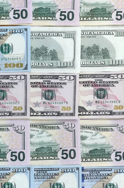 Wiele Sto Pięćdziesiąt Dolarów Banknotów Płaskiej Powierzchni Tła Blisko Płaski — Zdjęcie stockowe