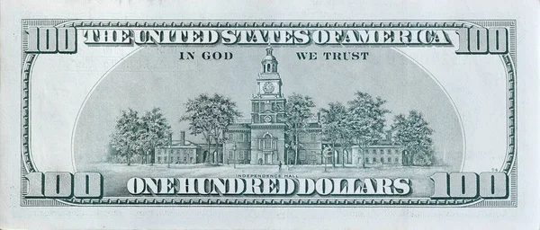 Independence Hall Auf 100 Dollar Banknote Rückseite Nahaufnahme Makrofragment Hundert — Stockfoto