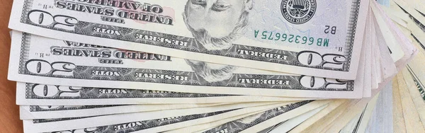 Fan Van Vele Honderdvijftig Dollar Biljetten Houten Ondergrond Close Vlak — Stockfoto
