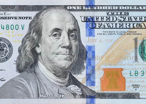 Portrait President Benjamin Franklin 100 Dollars Banknote Closeup Macro Fragment — Stock Photo, Image