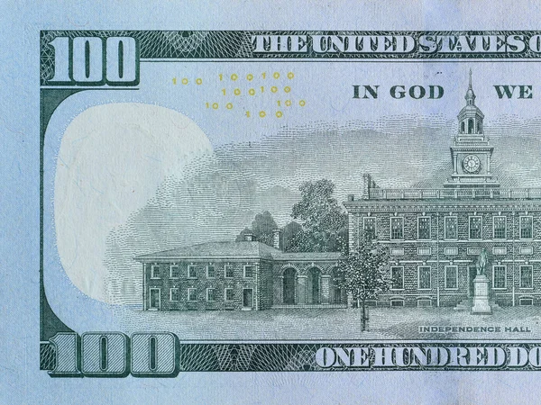 Independence Hall 100 Dolarlık Banknotta Arka Taraf Yakın Çekim Makro — Stok fotoğraf