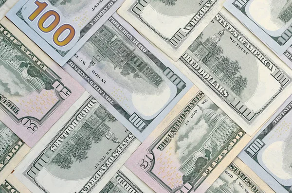 Many One Hundred Fifty Dollar Bills Flat Background Surface Close — Stock Photo, Image