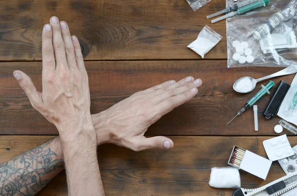 Male Hands Show Sign All Narcotic Stuff Definitions Many Drug — Stock Photo, Image