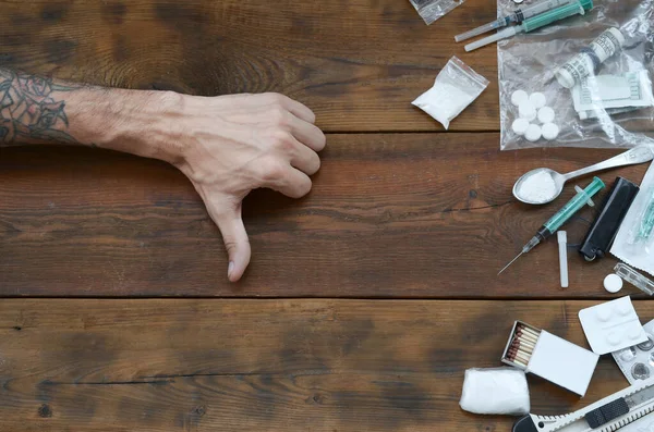 Male Hands Show Dislike Sign All Narcotic Stuff Definitions Many — Stock Photo, Image