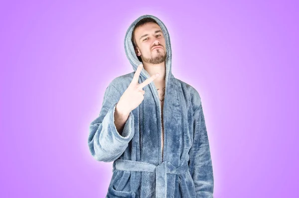 Portrait Young Caucasian Bearded Man Blue Bathrobe Shows Victory Peace — Stock Photo, Image