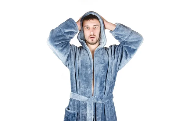 Portrait Young Caucasian Bearded Man Blue Bathrobe Shows Confused Face — Stock Photo, Image