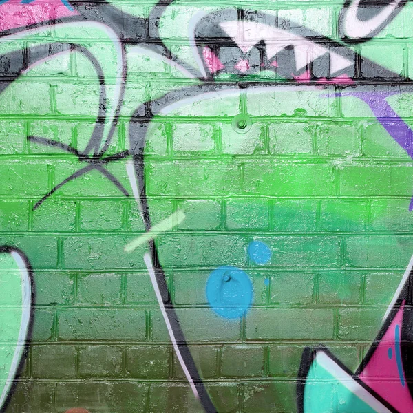 Abstract Colorful Fragment Graffiti Paintings Old Brick Wall Green Colors — Stock Photo, Image