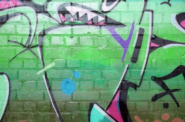 Abstract Colorful Fragment Graffiti Paintings Old Brick Wall Pink Green — Stock Photo, Image
