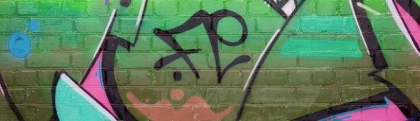 Abstraktes Farbenfrohes Fragment Von Graffiti Gemälden Alten Ziegelwänden Grünen Farben — Stockfoto