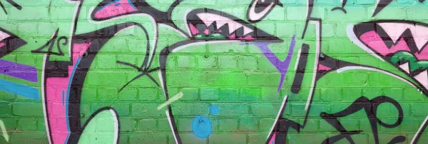 Abstract Colorful Fragment Graffiti Paintings Old Brick Wall Pink Green — Stock Photo, Image